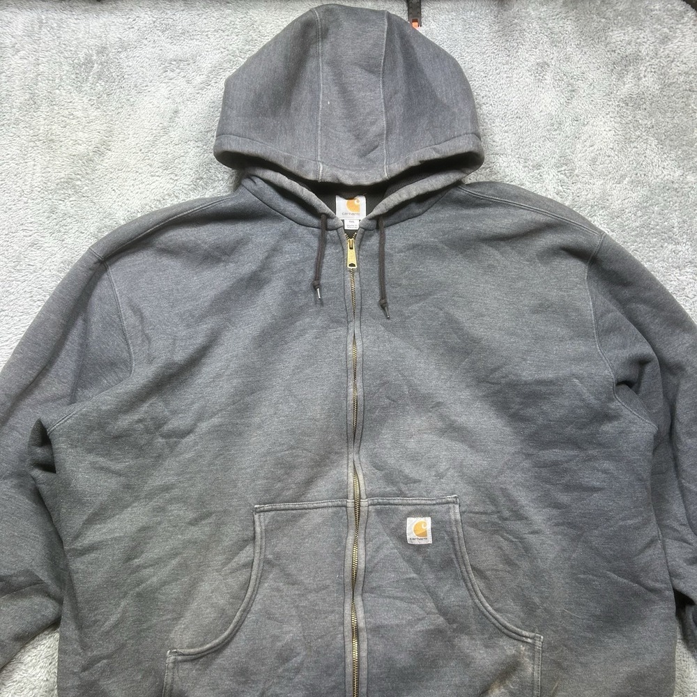 Vintage Carhartt Hoodie Mens 4XL GrayThermal Lined Full Zip Faded J149 *SPOTS - Picture 3 of 16